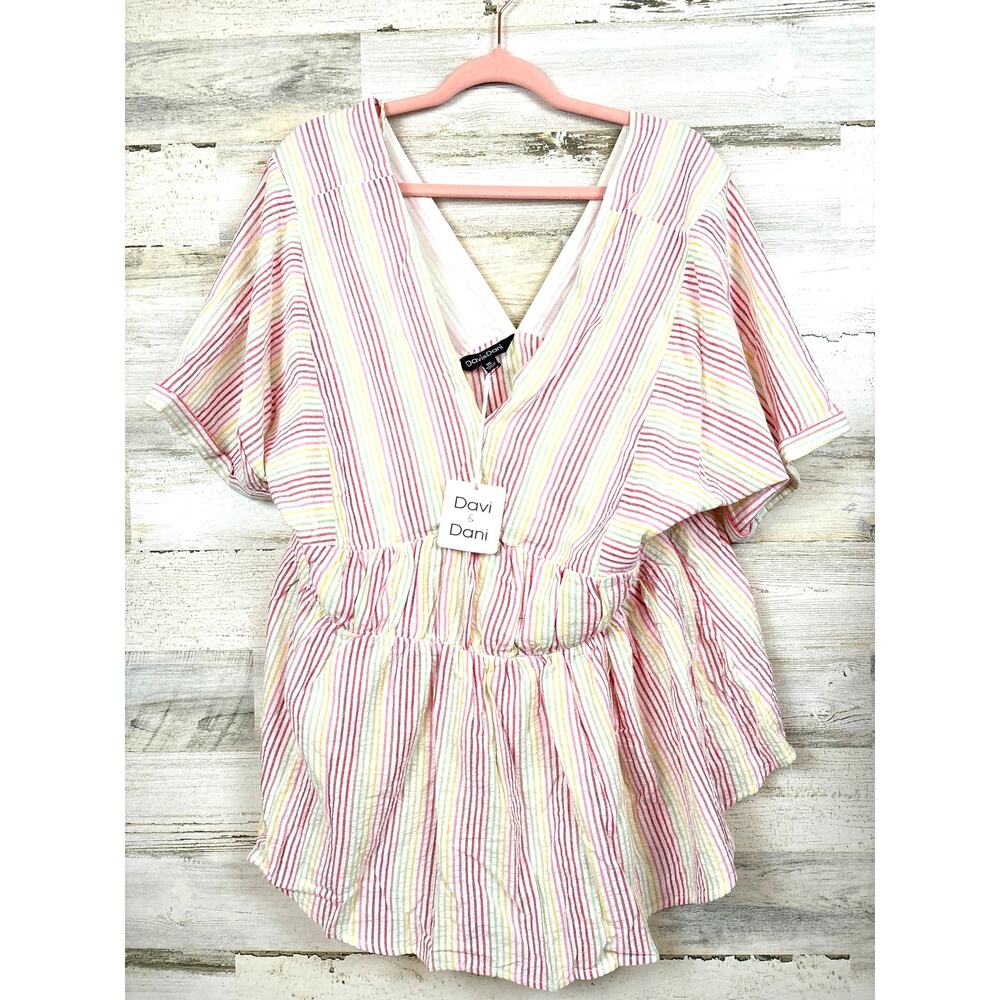Davi & Dani Womens 1XL Plus Rainbow Stripe Cotton Blouse Relaxed Summer Top NWT
